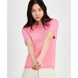 Tommy Hilfiger Women's Embellished Short-Sleeve Sweater Pink Size XS MSRP $60